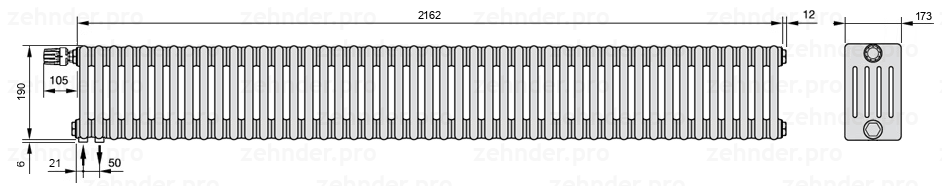 Схема (чертеж) Радиатор Zehnder Charleston 5019/47 №V001 Белый глянцевый RAL 9016